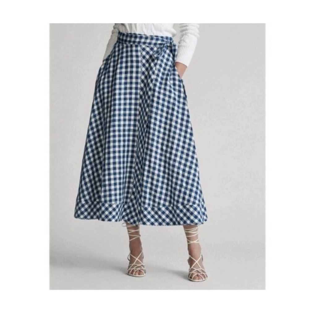 POLO RALPH LAUREN Gingham Plaid Linen Wrap Skirt Women Small Blue White Cottage